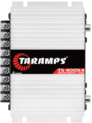 Taramps TS 400 x 4 Gamme complète 2 Ohms 4 canaux 400 W RMS Classe D Amplificateur audio de voiture multicanal Indicateur LED Réponse en fréquence croisée 10 Hz à 30 kHz passe-haut et passe-bas