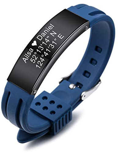 MeMeDIY Bracciale Personalizzato con Nome Incisione Personalizzata per Uomo Donna Ragazzi Ragazze Gomma Silicone Sport Polsino Identificazione ID Tag in Acciaio Inossidabile