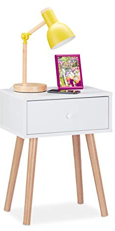 Relaxdays Nachttisch skandinavisch, Retro, Nachtschrank mit Schublade, HBT: 55x42x30cm, Beistelltisch Schlafzimmer, weiß | HBT: 55x42x30cm, Beistelltisch Schlafzimmer