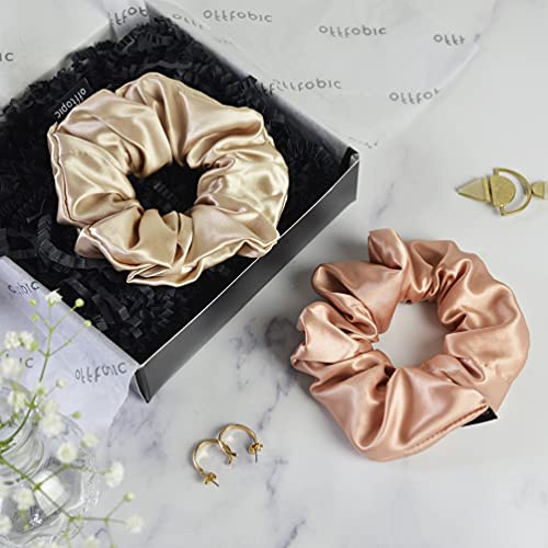 OFFTOPIC® Set of 2 scrunchies for pure silk hair, stoppers, hair markers and hair marks, silk hair elastic, elegant accessories, Oeko-Tex-certified, rose gold and caramel
