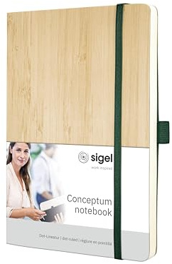 Sigel Conceptum Premium Notizbuch A5 dotted Bambuscover Softcover | CO671, 100 g Papier, 194 nummerierte Seiten, Inhaltsverzeichnis, Falttasche und Stiftschlaufe