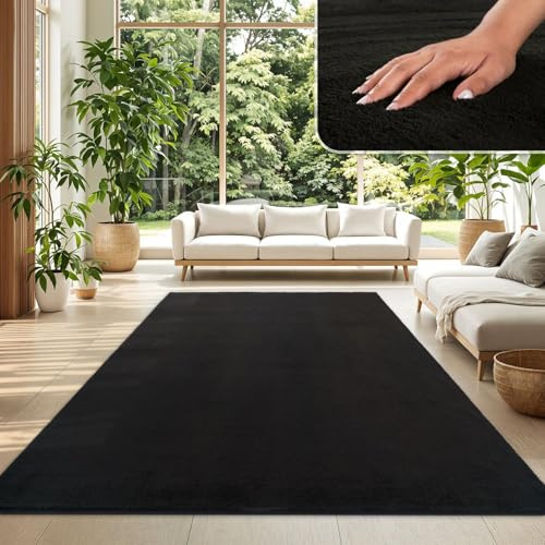 TT Home Wohnzimmer Teppich Kurzflor Anti-Rutsch Rückseite Unifarben Modern Waschbar, Farbe: Schwarz, Größe:300x400 cm