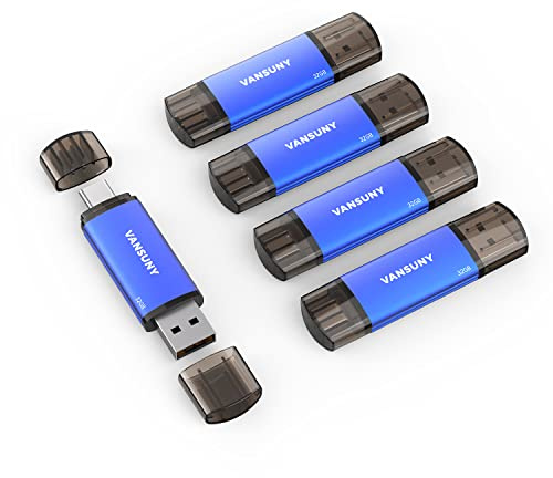 Vansuny Paquete de 5 unidades flash USB tipo C 2 en 1 de 32 GB, Dual USB A + Tape C, OTG Flash Drive para smartphones Android, tabletas, ordenadores portátiles (azul)