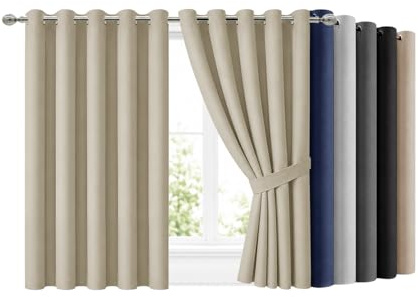 Hafaa Blackout Eyelet Curtains for Bedroom 66 X 54 Inch Cream Curtains for Living Room Noise Reducing Black out Curtain & Drapes 2 Panels with Tiebacks