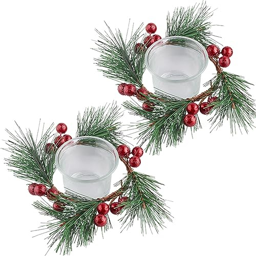 GORGECRAFT 2 Set 15cm Weihnachtskranz-Kerzenhalter Künstliche Rote Beeren-Kiefernadeln Weihnachts-Teelicht-Kerzenhalter Mit Glas-Mittelstück Tassen Grünen Girlanden Ring Für Party Tischdekoration