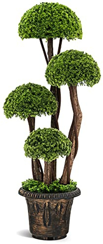 COSTWAY Albero Cipresso Artificiale da Interno ed Esterno 90 cm | Pianta Finta con Tronco in Rattan e Vaso Riempito di Cemento, per Casa, Negozio e Ufficio