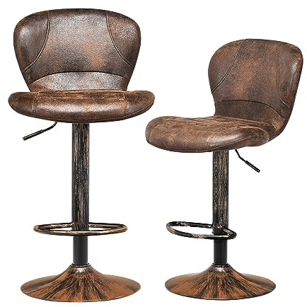 COSTWAY Tabourets de Bar Pivotants Lot de 2, Chaise de Bar Industrielle avec Repose-Pieds, Chaise Haute Bar en Cuir, Hauteur Réglable 87-108 cm, Marron Rustique