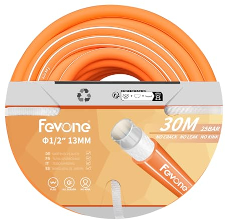 Fevone Tubo da giardino 30 m, tubo da giardino, 13 mm (1/2 Zoll), 4 strati, 25 bar, robusto e durevole, portatile, per esterni, flessibile, resistente, anti-curvatura, arancione