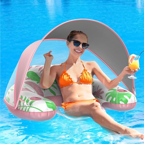 LAYCOL Premium Pool Floats Adult with Canopy - Stylish Pool Lounger - Heavy Duty Pool floaties for Adults - Beach Floats Pool Chair Swimming Pool Accessories for Women Floating with Cup Phone Holder