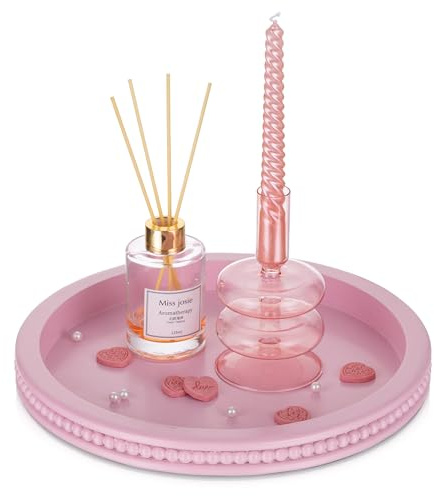 Hanobe Deko Tablett Holztablett Rund: Dekotablett Serviertablett Holz mit Perlen Rand Modern Tabletts Boho Serviertabletts Rundes Kerzen Holztabletts für Küche Tisch Rosa