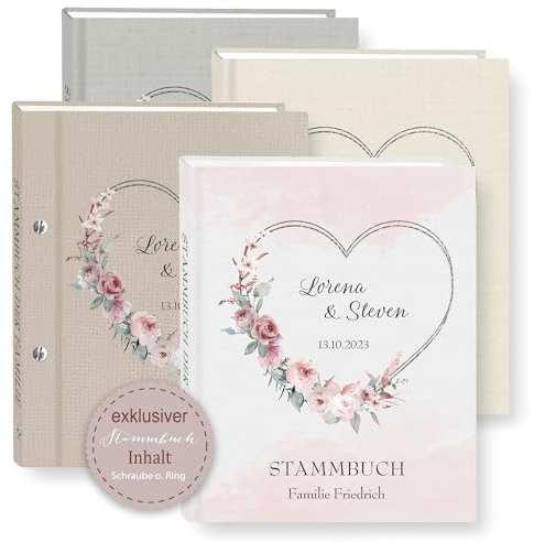 Stammbuch der Familie personalisiert Akoma Weiß Braun Beige Grau A5 A4 Familienstammbuch Blüten Ranke Herz Stammbücher Handarbeit