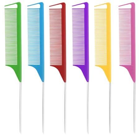 YOCDNOV 6pcs Pettine a Coda- Pettine Capelli, Pettine a Coda Fibra di Carbonio, Pettini Styling, Pettine Professionale Antistatico per Parrucchiere e Domestico, Resistente al Calore(6 Colori)