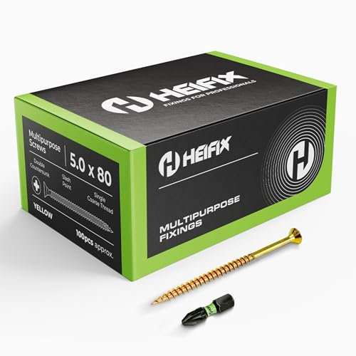 Heifix Multi-Purpose Wood Screws Pozi Double Countersunk - FREE Screw Bit Included (QTY 100, 5mm x 80mm)