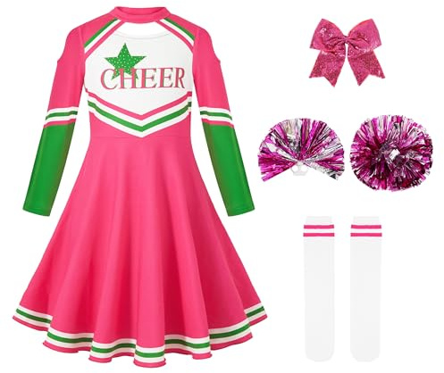 LOLANTA Cheerleader Kostüm Kinder, Mädchen Cheerleader Uniform kleid mit Pompoms Socken und Kopfschmuck, Langärmeliges Cheerleading Karnevalskostüm(Rosa,10-11 Jahre,Tag-Größe 150)