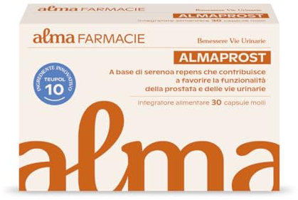 Almaprost Alma Farmacie, Integratore per favorire la Funzionalità della Prostata e delle Vie Urinarie, estratto Saw Palmetto, Sereona Repens, Ortica e Teupol 10, Senza Glutine e Lattosio, 30 Capsule