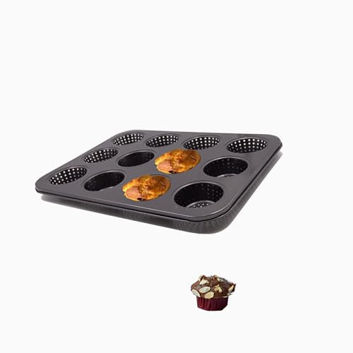 Gurlideo Bandeja perforada para hornear magdalenas, 12 tazas, antiadherente, de acero al carbono, para hornear pasteles, bollos, tartas, pan