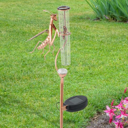 Guniata Regenmesser für den Garten,Metallmantis Regenmessgeräte Solar Regenmessung mit Lichtern Freeze Proof,Wassermesser für Regenmesser für Garten BalkonTerrasse