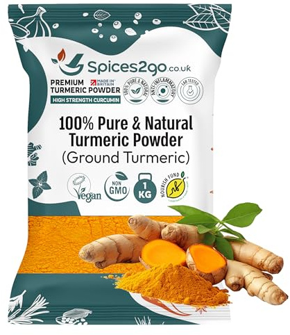 Spices2Go Premium Turmeric Powder - 100% Pure Turmeric Ground, Curcumin, Long Shelf Life, GMO-Free, Made In Britain, Haldi, Tumeric - Resealable Pouch (1KG)