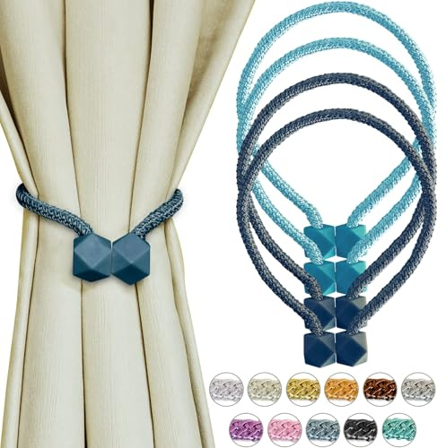 Yazikisa Fermatenda magnetico, 4 pezzi, fermatenda drappeggiato, con corda, chiusura magnetica, moderna, a maglia, per ufficio, interni, soggiorno, accessorio decorativo blu