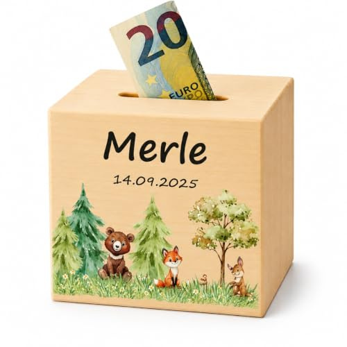 DEschenk Spardose personalisiert aus Holz – Spardose Kinder personalisiert, Sparschwein Baby als Geschenkidee, perfekte Kinderzimmer Dekoration für Jungen und Mädchen (Waldtiere)