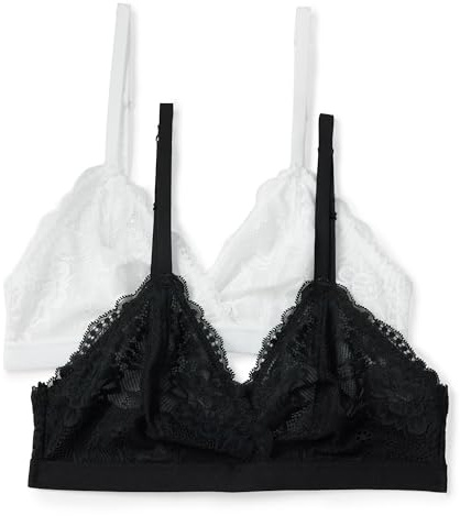 Amazon Essentials Women's Stretch Galloon Lace Unlined Triangle Bra, Pack of 2, Black/White, Small
