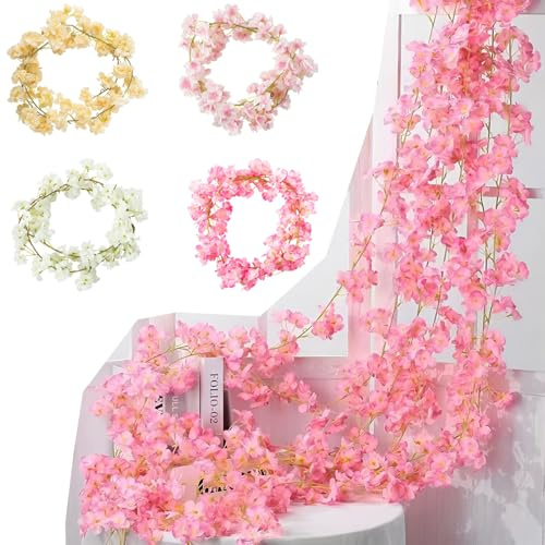 LaresDay Kirschblütengirlande 180cm mit 135 Blüten - Künstliche Sakura Blumengirlande Rosa Blumenranken Hängend für Hochzeitsdekoration, Party Deko, Garten, Wohnung, Fenster, Balkon (Rosa)
