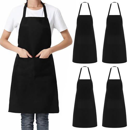 GMHLLES 4 Pack Black Aprons with Pockets, Black Chef Aprons, Cooking Apron for Men Women for Home Kitchen, Restaurant, Cafe, Baking, Gardening and Barbecue