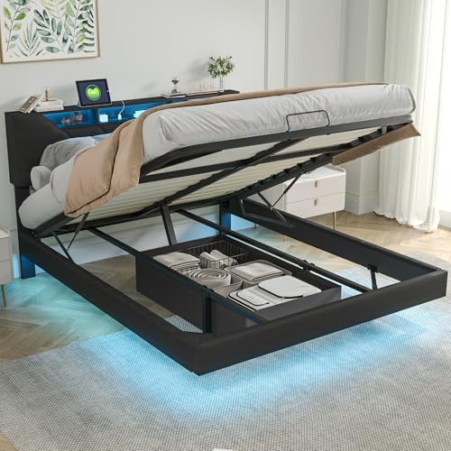 Polsterbett 140x200 cm Schwebebett mit LED-beleuchtung, Boxspringbett mit bettkasten und Lattenrost, Doppelbett Stauraumbett Bettgestell, Kopfteil mit Stauraum und USB Type-C, PU, Schwarz (140×200cm)