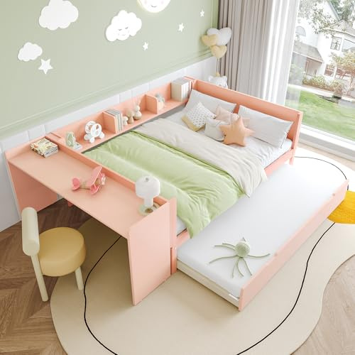 RIAZOS Kinderbett 140x200 mit Regale und Schreibtisch, Doppelbett mit Ausziehbett, Tagesbett mit Lattenrost, Massivholz Kiefer Holzbett, Multifunktionsbett, ohne Matratze, Rosa