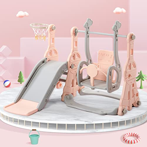 Teahutty Toboggan pour Enfant 4 en 1 avec Panier de Basket, balançoire et Cadre d'escalade, Aire de Jeux intérieure et extérieure, kit de Jeu d'escalade autoportant (Rose, 140x118x102 cm)