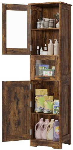 Garvee Badezimmerschrank, Badschrank Schmal Badezimmerschrank Hoch Badezimmermöbel Badschrank HochschrankMit 2 Türen Verstellbarer Ablage& 1 Schublade, Rustikales Braun, 40x30x170cm