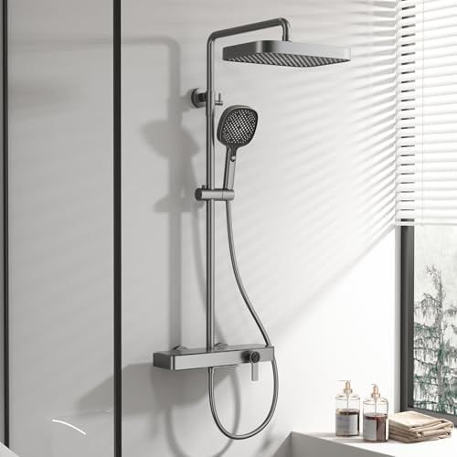 BiaoTeng Colonne de Douche pour Baignoire avec Mitigeur eau Chaude et Froide Kit Douche Salle de Bain Laiton Monocommande Gris