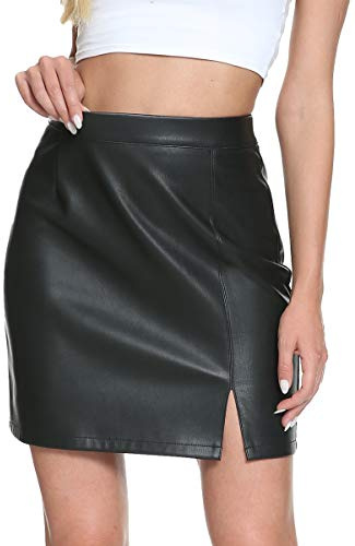 Fahsyee Lederrock Damen Faux Mini Elastisch Hohe Taille Plus Größe Bleistift Aline Bodycon Vegane Stretch Röcke Schwarz L