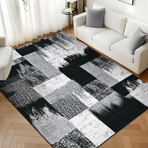 Alishomtll Teppich Schwarz Grau 120x160 cm, Modern Geometrisch Teppich | Rutschfest Kurzflor Küchenteppich, Weich Waschbar Flurläufer für Wohnzimmer Schlafzimmer Arbeitszimmer Eingang
