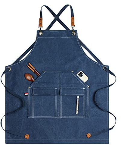 GPDNBIEU, Delantales for hombres, Delantal de trabajo lona herramientas taller con correas ajustables for peluquero, cocina, jardinero, cafetería(Blu)