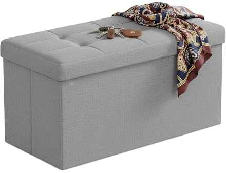 Relaxdays sittbänk, förvaringsutrymme, tyg, vikbar, vadderad, hall, sovrum, HBT 38 x 76 x 38 cm, sittkista, grå