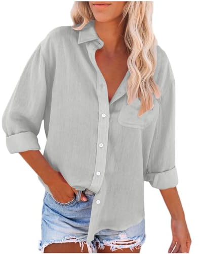 Chemise Lin Femme Chic et Élégant Chemisier Manches Longues en Coton et Lin pour FemmeCol à Revers Boutons avec poachs Top Uni LâChe Respirant T-Shirts Grande Taille D'Été Tunique Essentiels Vacances