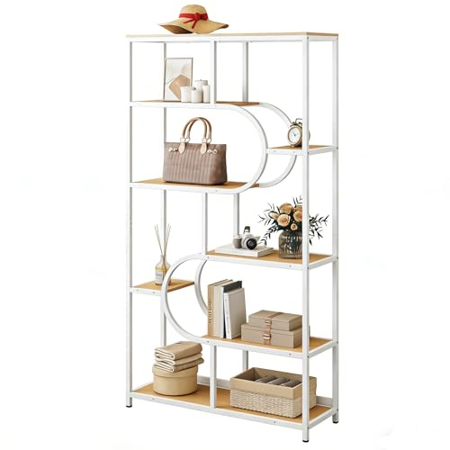 SFAREST Industrial Bookcase, 176cm Tall Vintage Shelf with Open Compartments, 8-Tier Sturdy Etagere Shelf Unit and Floorstanding Storage Rack for Bedroom Living Room Home Office (Natural + White)