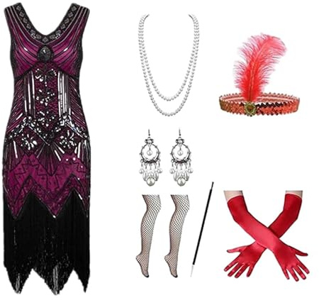 20er Jahre Kostüm Damen, Flapper Kleid Elegantes Vintage Outfit mit Federboa, Kopfschmuck & Perlenkette, Komplettes Art Deco Verkleidungsset für Karneval, Mottoparty