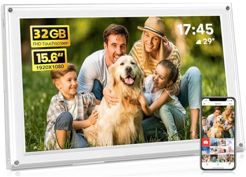15,6 Zoll Digitaler Bilderrahmen WLAN Frameo - Kristallklarer Acryl Fotorahmen, 1920x1080 FHD IPS Touchscreen, 32GB Speicher, Auto-Rotation, Geschenk für Eltern