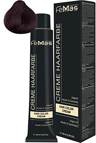 FemMas teinture pour cheveux Brun foncé rouge 3.6 I Crème colorante professionnelle à l'huile d'argan, kératine et céramides I Coloration permanente ou teinture pour des résultats durables I 100 ml