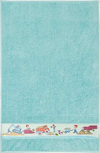 Erwin Müller Walk-Frottier Kinder-Badetuch mit Baustellen-Bordüre türkis Größe 70x110 cm - schnell trocknend und extra saugstark, mit beidseitige Schlaufen