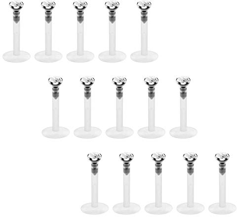 Crdifu 15er Plastik Lippenpiercing Labret Stecker Retainer Set Flexibeler Kunststtoff 6/8/10/12mm mit Kristall Bioflex 16G