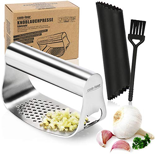 com-four® Edelstahl Küchenwerkzeug - Presse mit Flaschenöffner - zum Zerkleinern von Ingwer, Avocado, Kartoffeln, Obst und Teig - Brei-, Kräuter- und Saftpresse für Camping & DIY (Edelstahl - Walze)