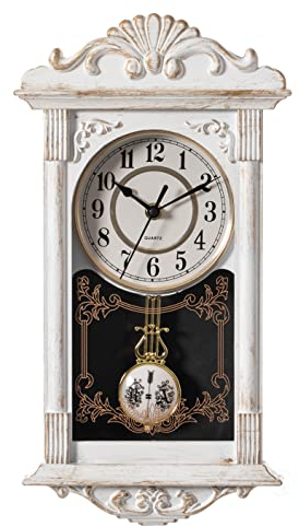Clockswise Quickway Imports Reloj de Pared con péndulo de plástico con Aspecto de Madera para el Abuelo Vintage, para Sala de Estar, Cocina o Comedor, Color Blanco