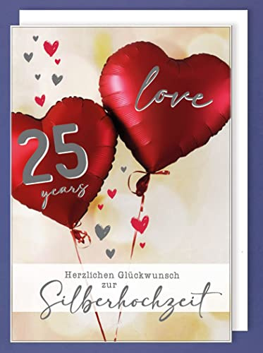 AvanCarte XXL Karte Silberhochzeit 25 Grußkarte Foliendruck Heliumherzen A4