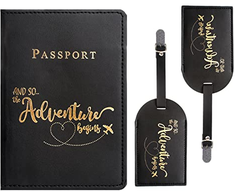 Bubuyun Kofferanhänger, 2PCS Gepäckanhänger + 1PCS Reisepasshülle PU-Leder kofferanhänger Golddruck Reisetaschenetiketten ID Etikett mit Adressschild Namenschild Sichtschutz Reisegeschenk Schwarz