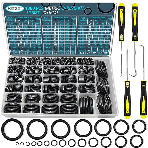 KEZE 32 Size 1380 Pcs Metric Rubber O Rings Assortment Kit with 4 Pieces O Rings Remover Tools Set for Assorted Faucet Plumbing Automotive Repair Air or Gas Sealing ID 3mm-50mm
