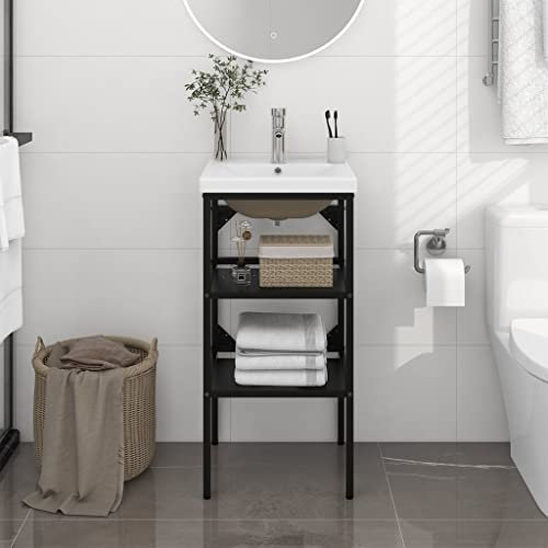 DCRAF Furniture Set Bathroom Washbasin Frame with Built-in Basin Black Iron