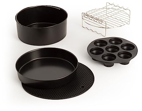 CREATE / Fryer Air Pro Large Tools/Pack d'accessoires pour friteuse à air de 6,2 l / Moules à cupcakes / Pizzas. Récipients de cuisson. Grille pour 4 brochettes, dessous de plat en silicone.